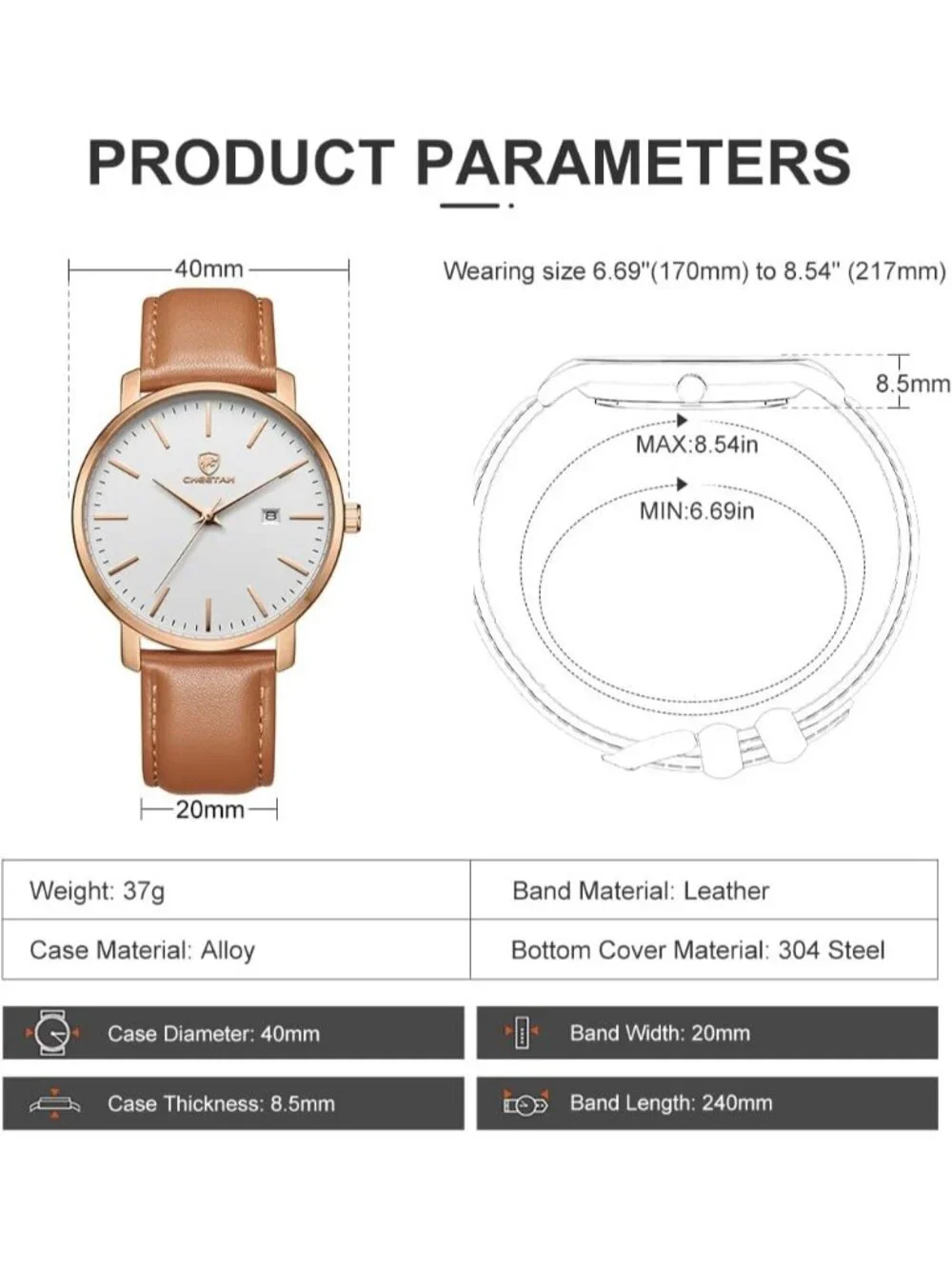 Men's Brown /Gold/White Leather Strap Minimalist Waterproof Quartz Wrist Watch